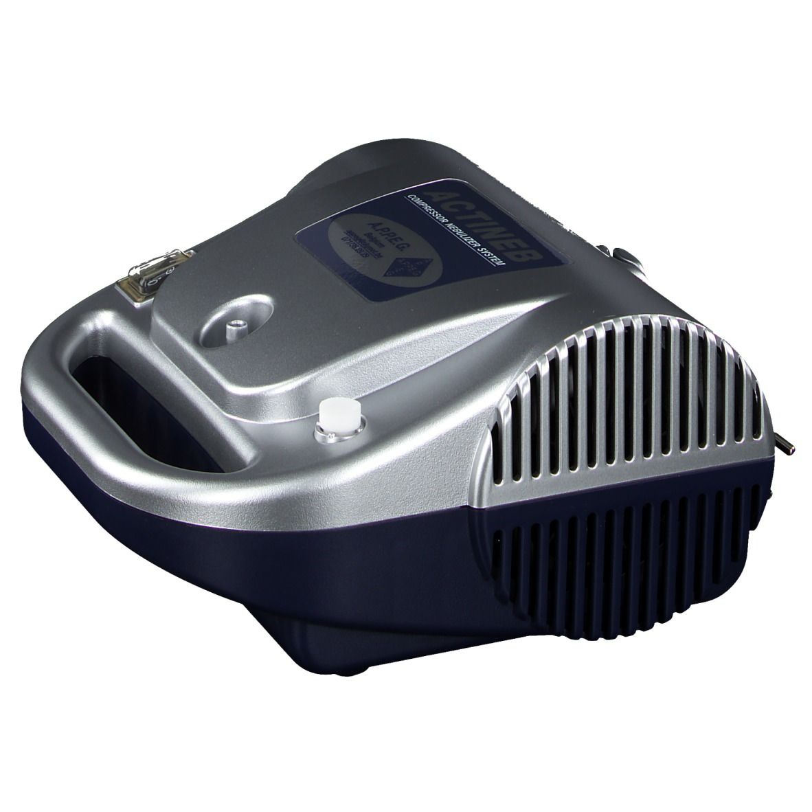 APPEG Actineb vernevelaar. Zilver-blauwe behuizing, handvat, ventilatierooster, draaiknop. Tekst: ACTINEB, COMPRESSOR NEBULIZER SYSTEM.