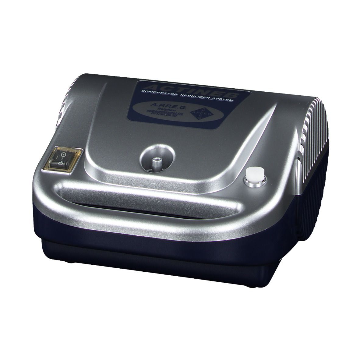 APPEG Actineb vernevelaar. Zilver-blauwe behuizing, aan/uit-schakelaar, sproeier, draaiknop. Tekst: ACTINEB, COMPRESSOR NEBULIZER SYSTEM.