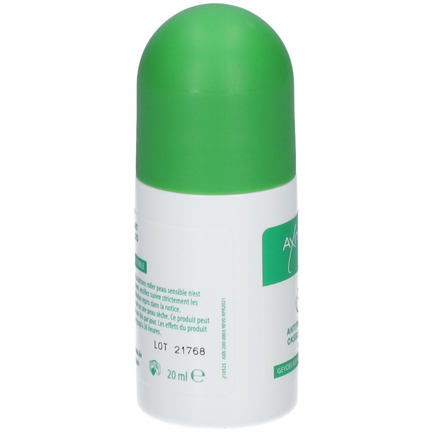Roll-on blanc et vert. Inscription: Axitrans, Antitranspirant, gevoelige huid/peau sensible. 20 ml.
