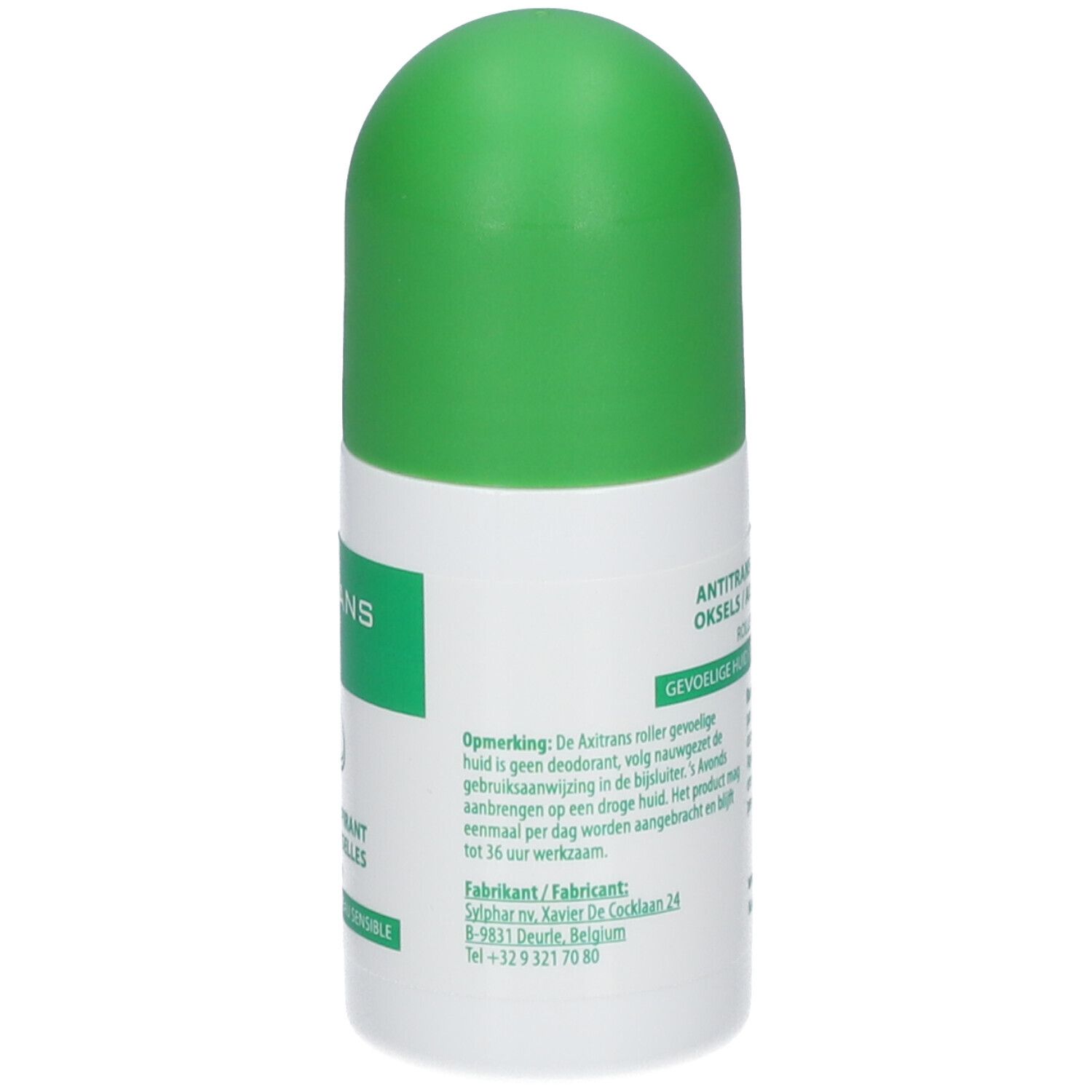 Roll-on blanc et vert. Inscription: Axitrans, Antitranspirant, gevoelige huid/peau sensible. Informations fabricant.