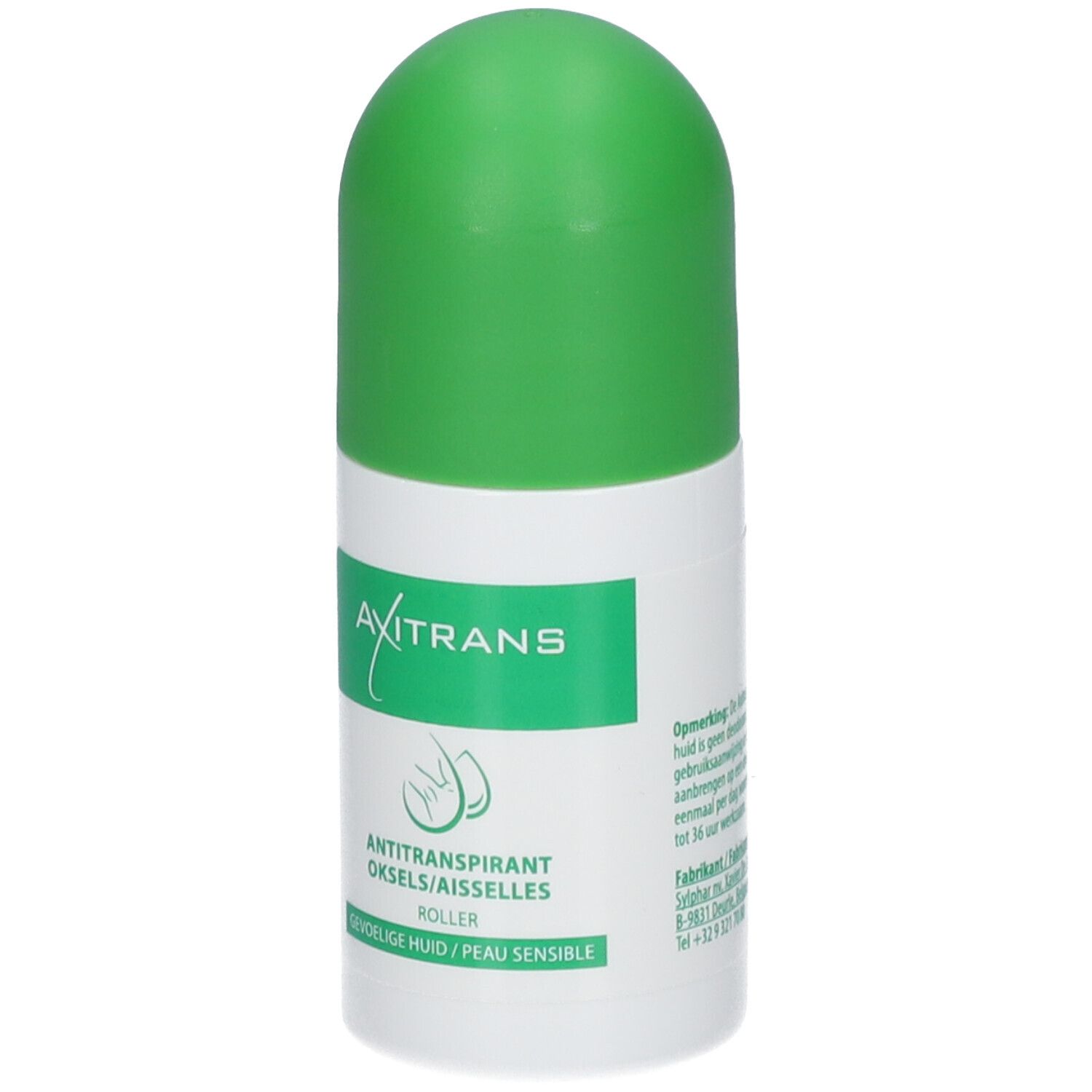 Roll-on blanc et vert. Inscription: Axitrans, Antitranspirant, gevoelige huid/peau sensible.