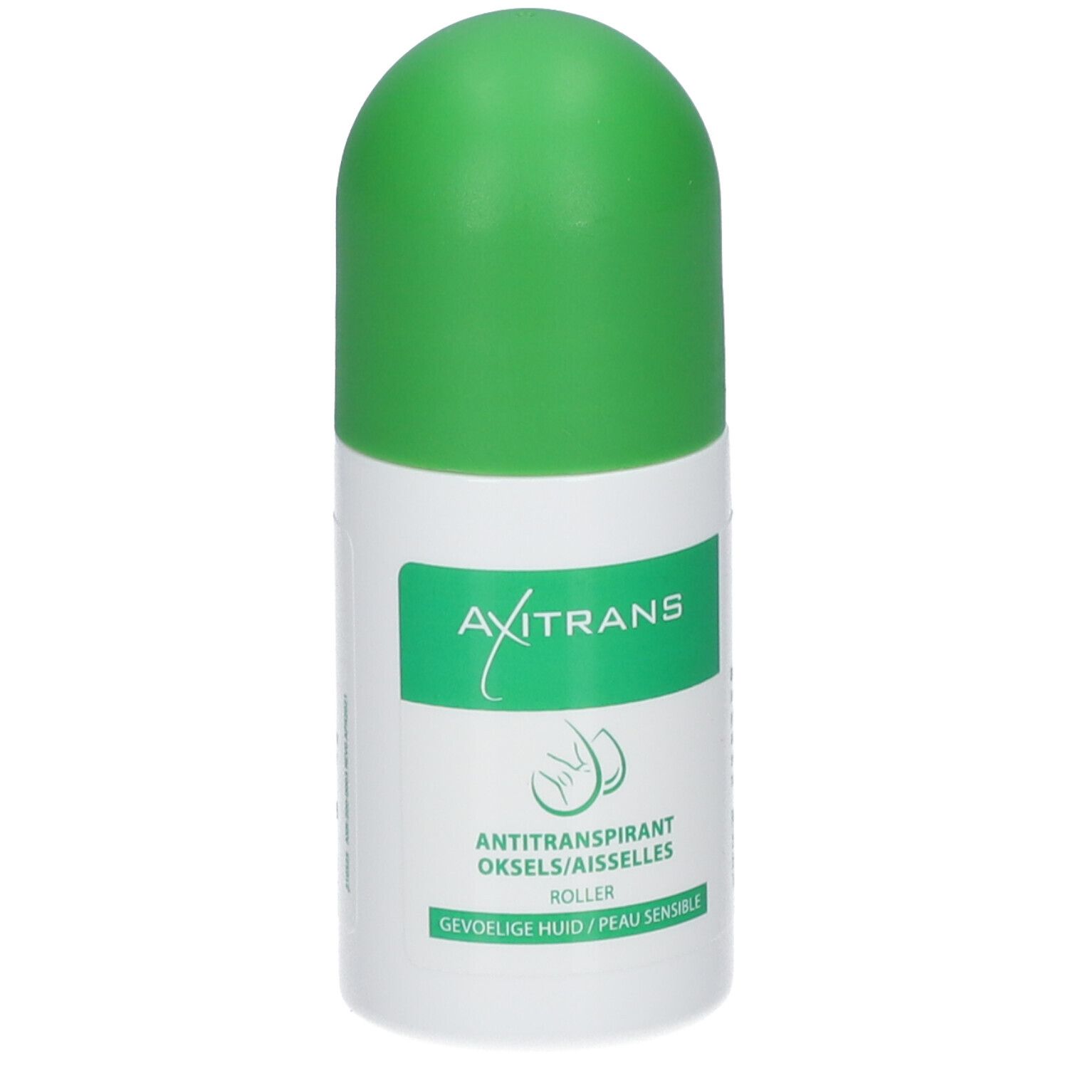 Roll-on blanc et vert. Inscription: Axitrans, Antitranspirant, gevoelige huid/peau sensible.