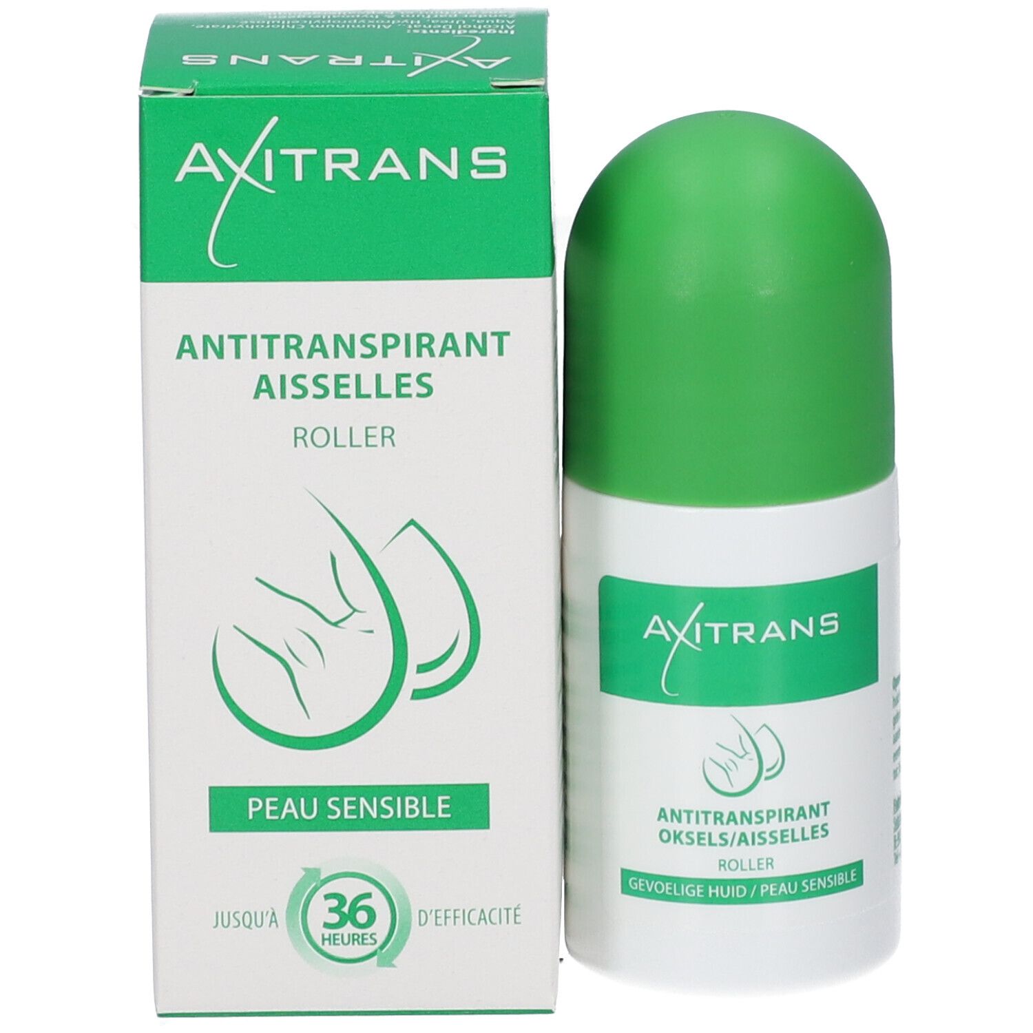 Axitrans roll-on et emballage. Emballage: blanc, vert. Inscription: Antitranspirant, peau sensible, 36 heures.