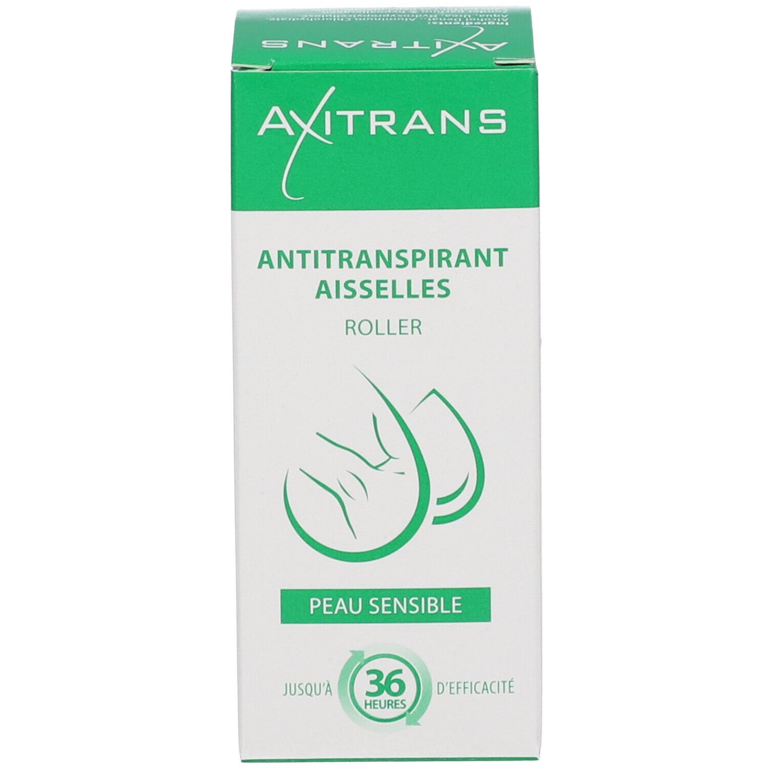 Emballage Axitrans. Blanc, vert. Inscription: Antitranspirant, peau sensible, 36 heures.