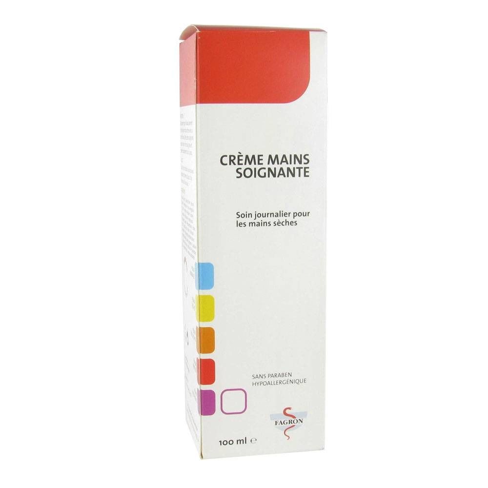 Verpackung mit Produktnamen Creme Mains Soignante. Roter Deckel, weiße Schrift, farbige Quadrate.