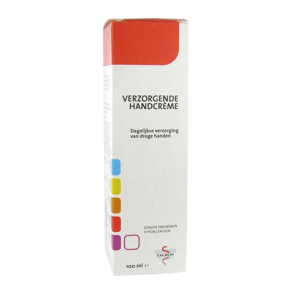 Verpackung mit Produktnamen Verzorgende Handcrème. Roter Deckel, weiße Schrift, farbige Quadrate.