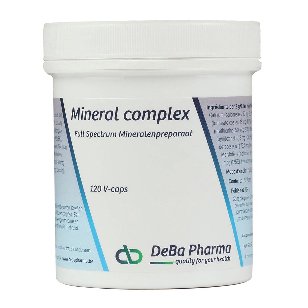 Witte pot met deksel. Opschrift: Mineral Complex, 120 V-caps. DeBa Pharma logo.