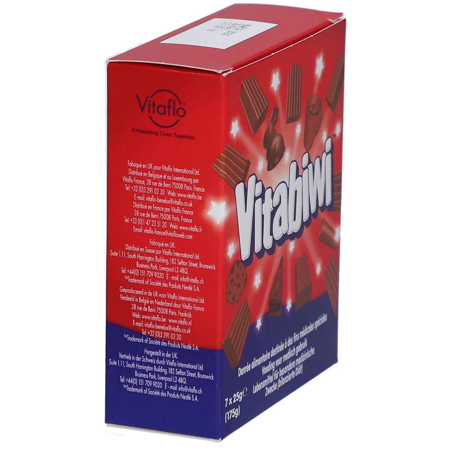Boîte rouge "Vitabiwi" avec texte. Contient des informations sur le fabricant et les ingrédients.