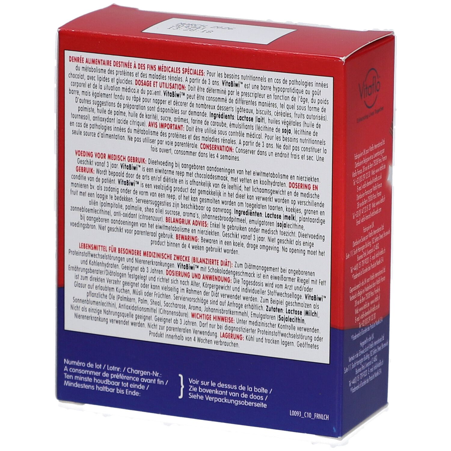 Dos de la boîte rouge "Vitabiwi" avec texte. Contient des informations sur les ingrédients et l'utilisation.