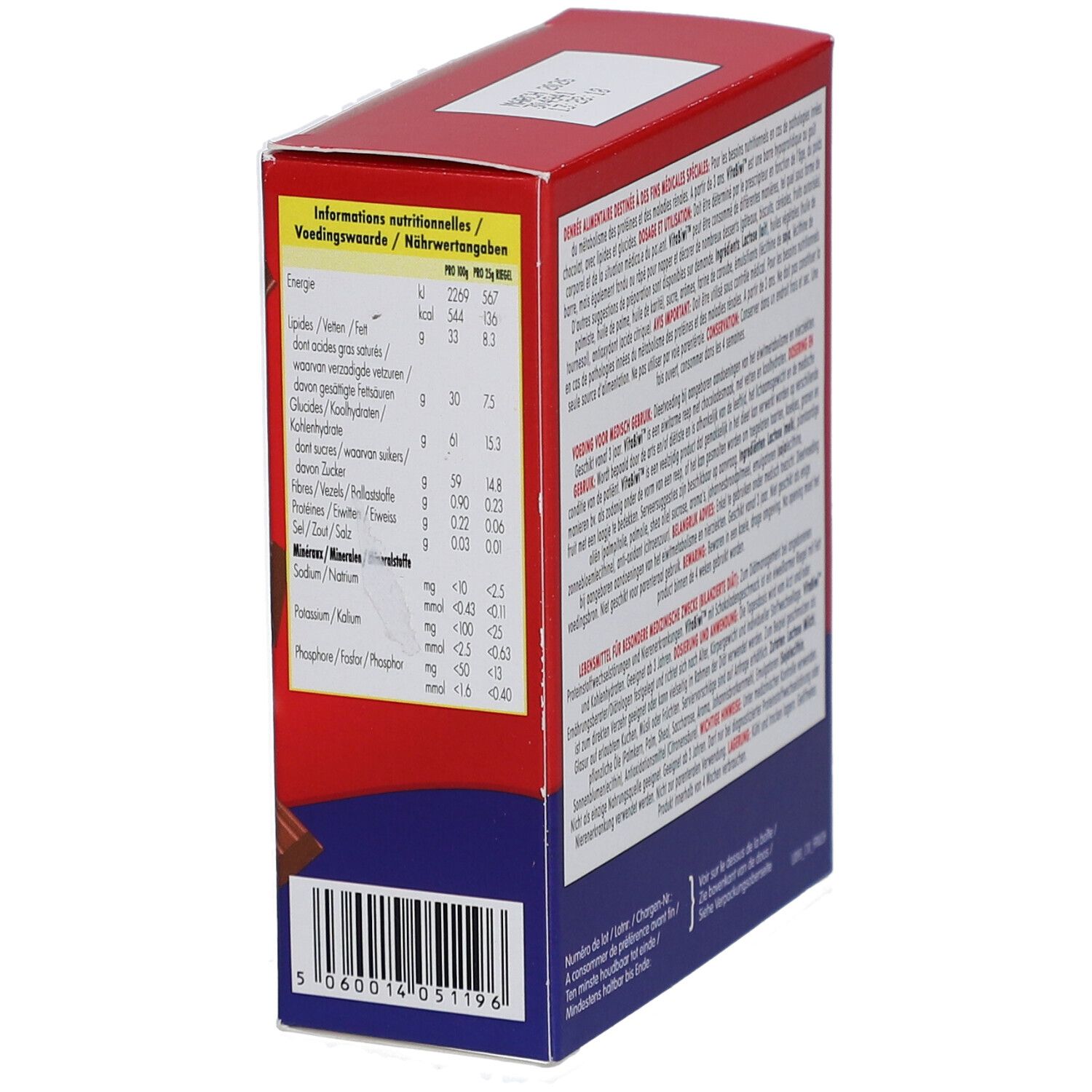 Côté de la boîte rouge "Vitabiwi" avec informations nutritionnelles. Contient des informations sur les calories et les nutriments.