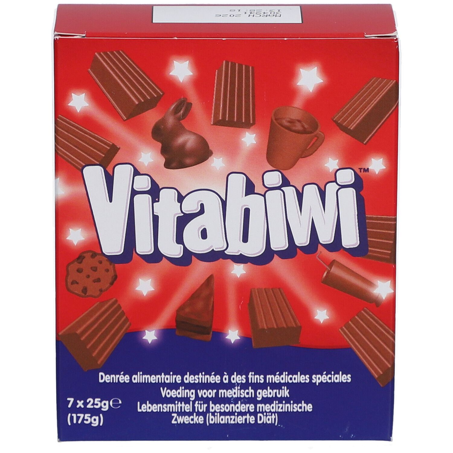 Boîte rouge "Vitabiwi" avec illustrations de chocolat. Contient 7 x 25g. Texte en plusieurs langues.