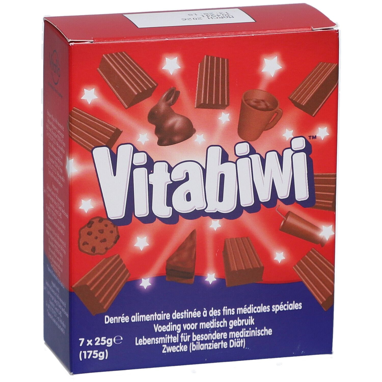 Boîte rouge "Vitabiwi" avec illustrations de chocolat. Contient 7 x 25g. Texte en plusieurs langues.