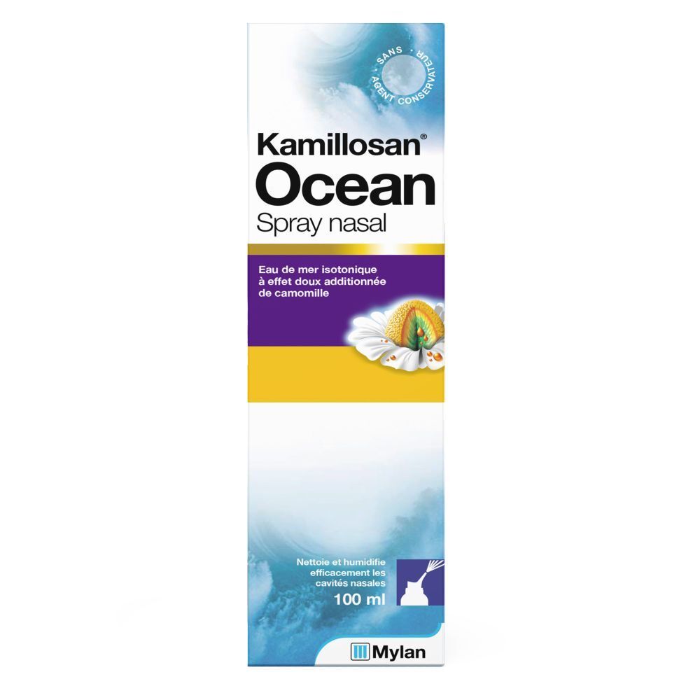 Kamillosan Ocean Spray nasal. Solution d'eau de mer isotonique à la camomille. Flacon de 100 ml. Logo Mylan.