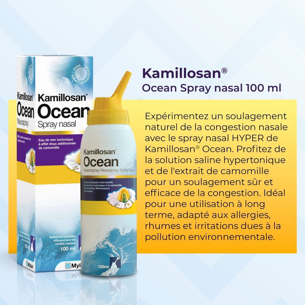 Kamillosan Ocean Spray nasal 100 ml. Spray nasal avec camomille. Flacon et emballage. Embout jaune.