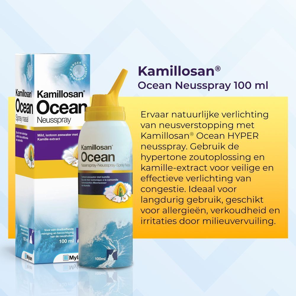 Kamillosan Ocean Neusspray 100 ml. Neusspray met kamille. Fles en verpakking. Gele sproeikop.
