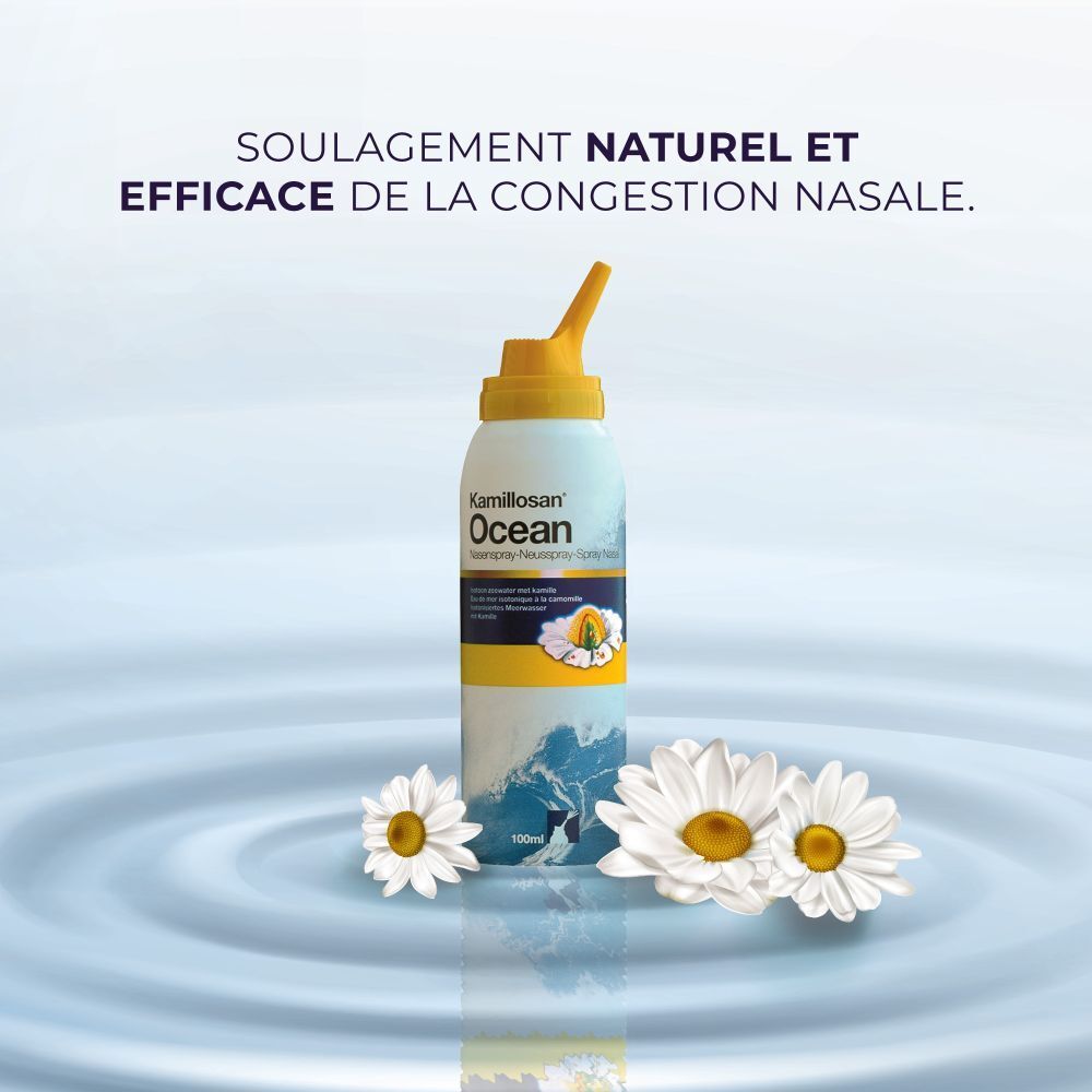 Kamillosan Ocean Spray nasal. Spray nasal avec camomille. Flacon à embout jaune. Fond aquatique.