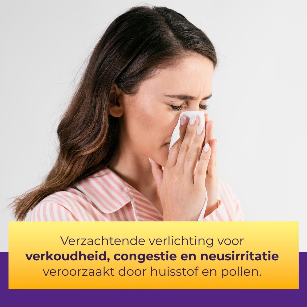 Vrouw met zakdoek. Tekst: Verzachting voor verkoudheid, congestie en neusirritatie door huisstof en pollen.