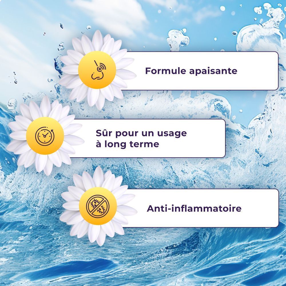 Marguerites avec texte: Formule apaisante, utilisation à long terme, anti-inflammatoire. Fond aquatique.