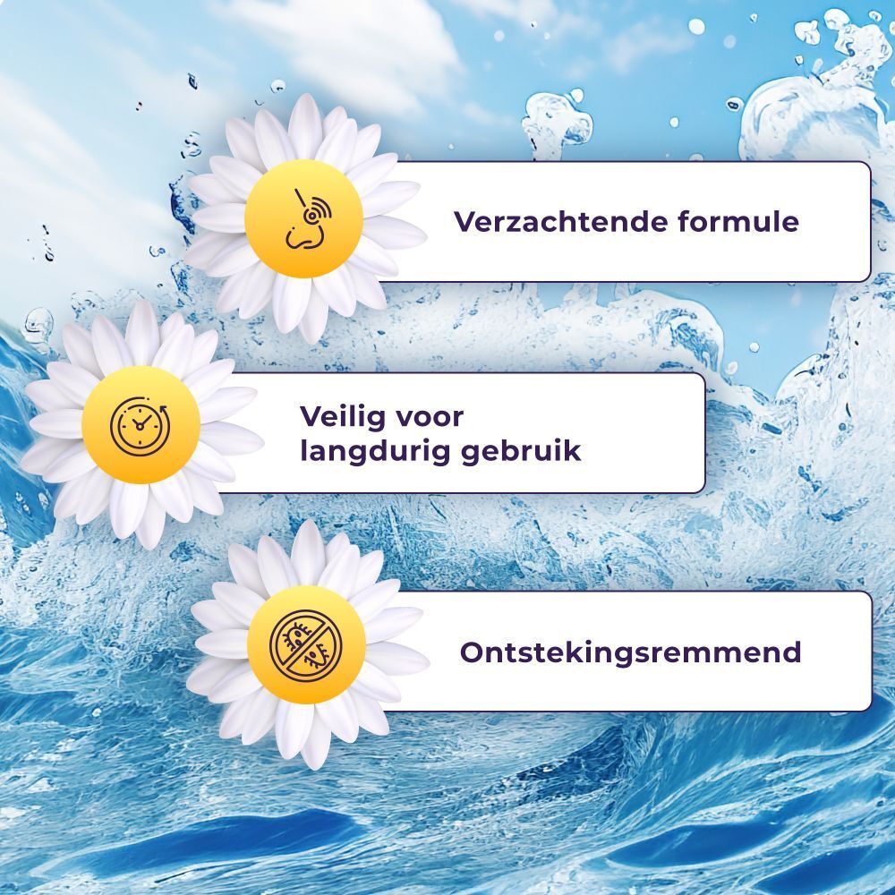 Madeliefjes met tekst: Verzachtende formule, langdurig gebruik, ontstekingsremmend. Waterachtergrond.