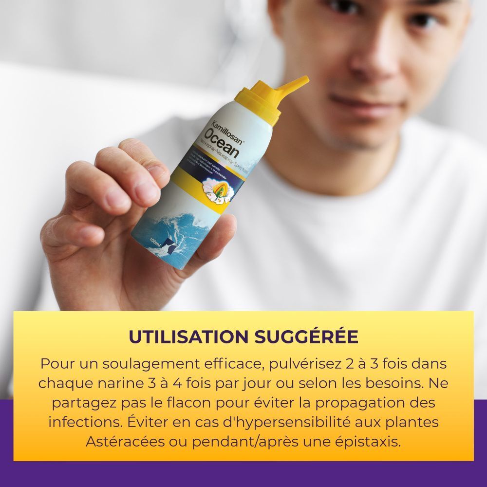 Homme tenant Kamillosan Ocean Spray nasal. Texte: Utilisation suggérée.