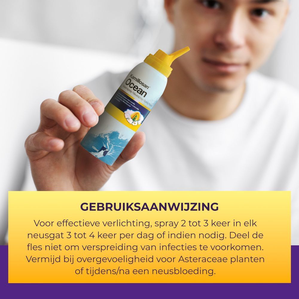 Man houdt Kamillosan Ocean Neusspray vast. Tekst: Gebruiksaanwijzing.
