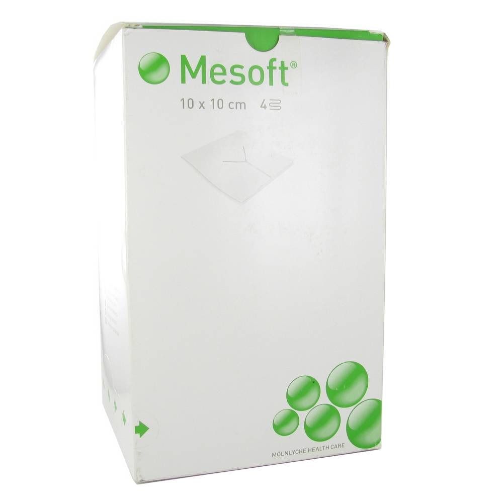 Boîte de compresses Mesoft®. Inscription: Mesoft®, 10 x 10 cm, 4 pièces. Logos et texte verts.