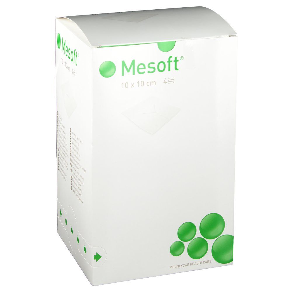 Vue en biais de l'emballage Mesoft®. Inscription: Mesoft®, 10 x 10 cm, 4 pièces. Logos et texte verts.