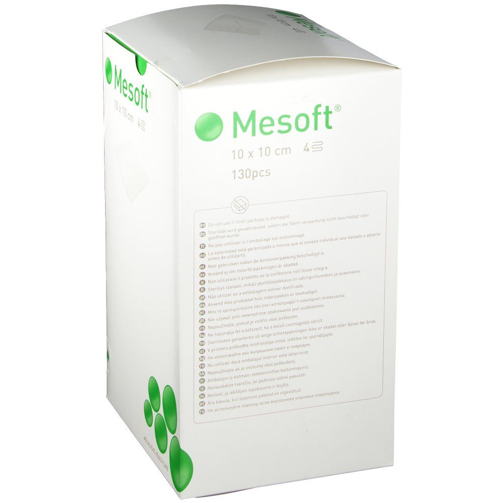 Emballage Mesoft® avec inscription: 10 x 10 cm, 130 pièces. Logos et texte verts. Texte multilingue.
