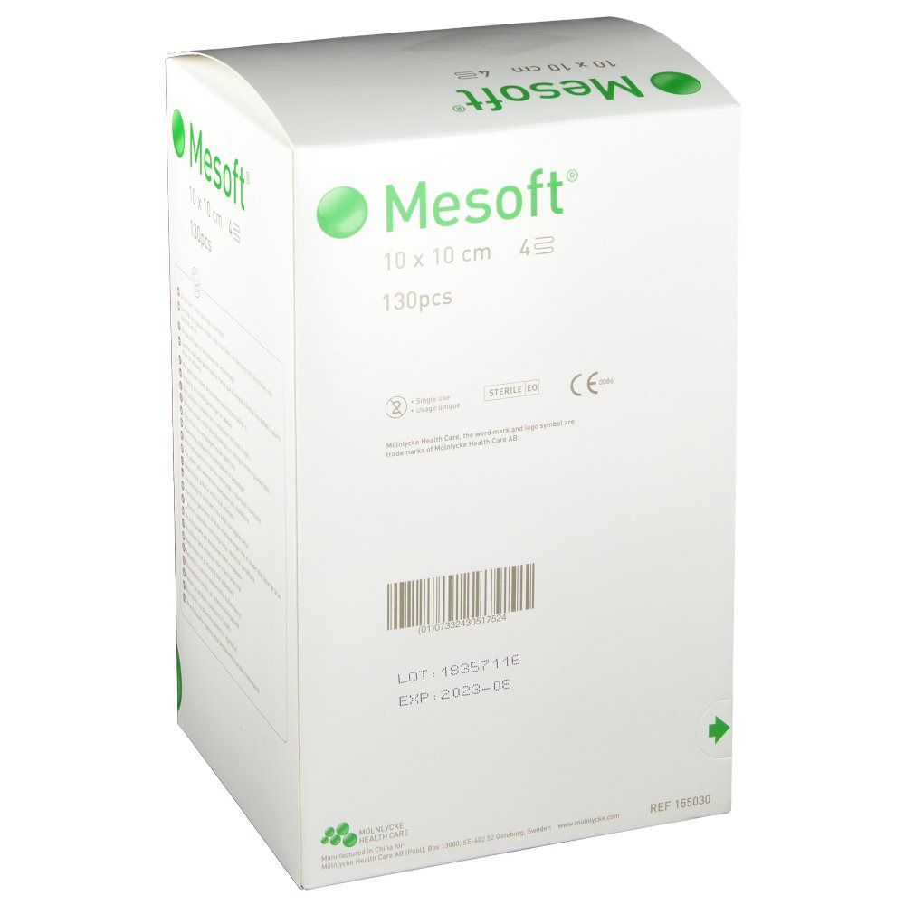 Emballage Mesoft® avec inscription: 10 x 10 cm, 130 pièces. Logos et texte verts. Marquage CE.