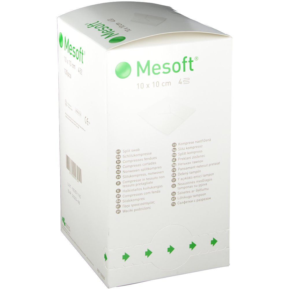 Emballage Mesoft® avec inscription: 10 x 10 cm, 4 pièces. Logos et texte verts. Texte multilingue.