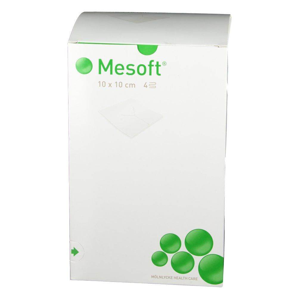 Emballage Mesoft®. Inscription: Mesoft®, 10 x 10 cm, 4 pièces. Logos et texte verts. Hölke Health Care.