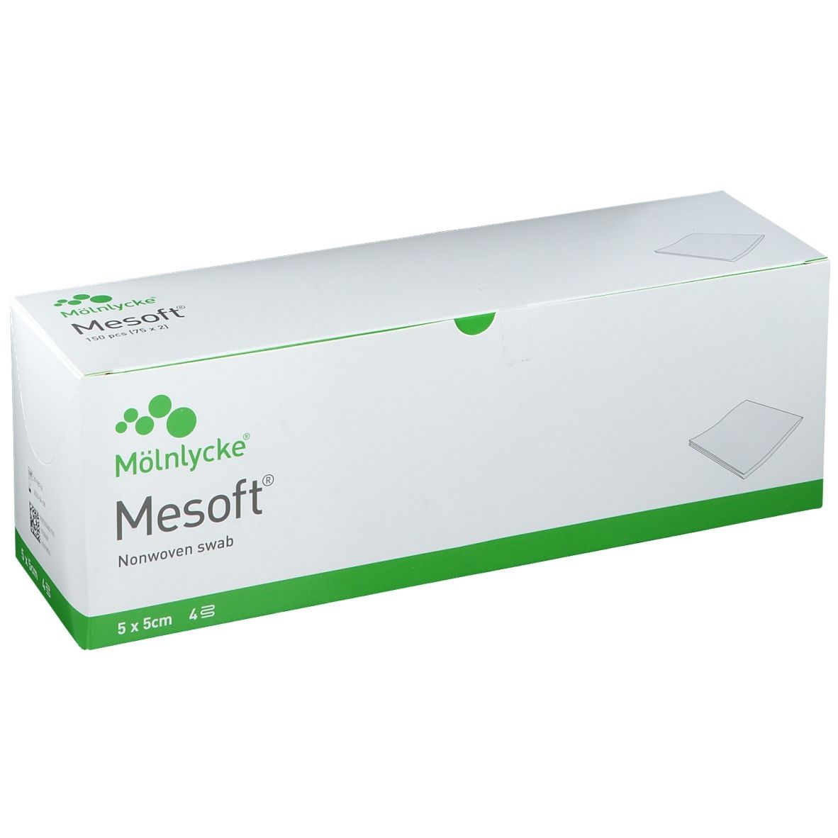 Mesoft®-Verpackung. 5x5cm, 4-lagig. Hersteller: Mölnlycke. Sterile Kompressen in weißer Box mit grünen Akzenten.