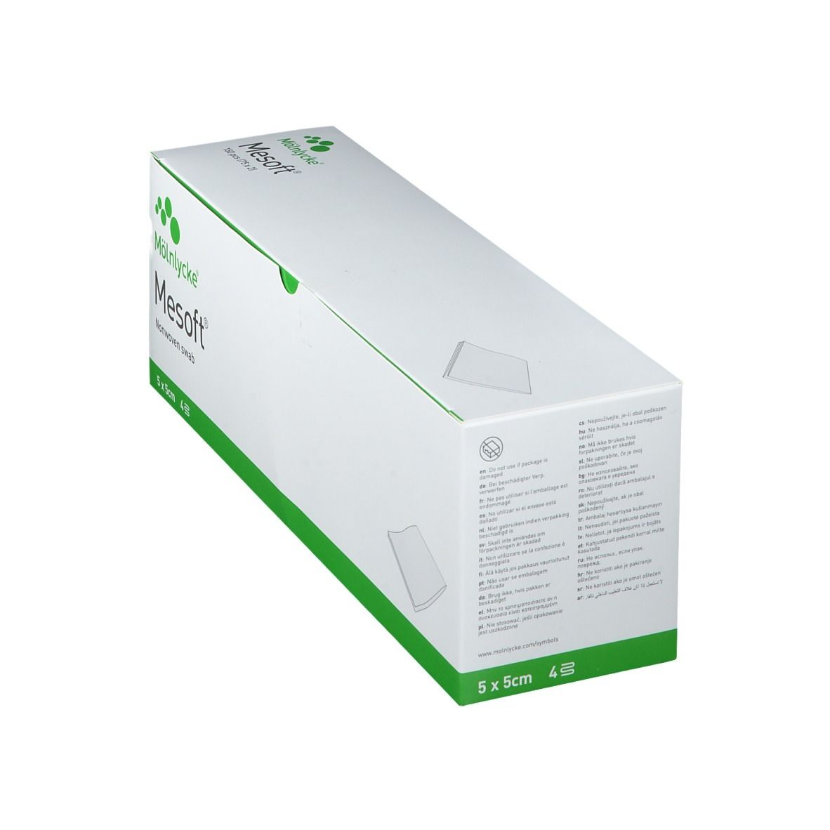 Mesoft®-Verpackung. 5x5cm, 4-lagig. Mölnlycke. Sterile Kompressen in weißer Box mit grünen Akzenten. Rückseite mit Text.