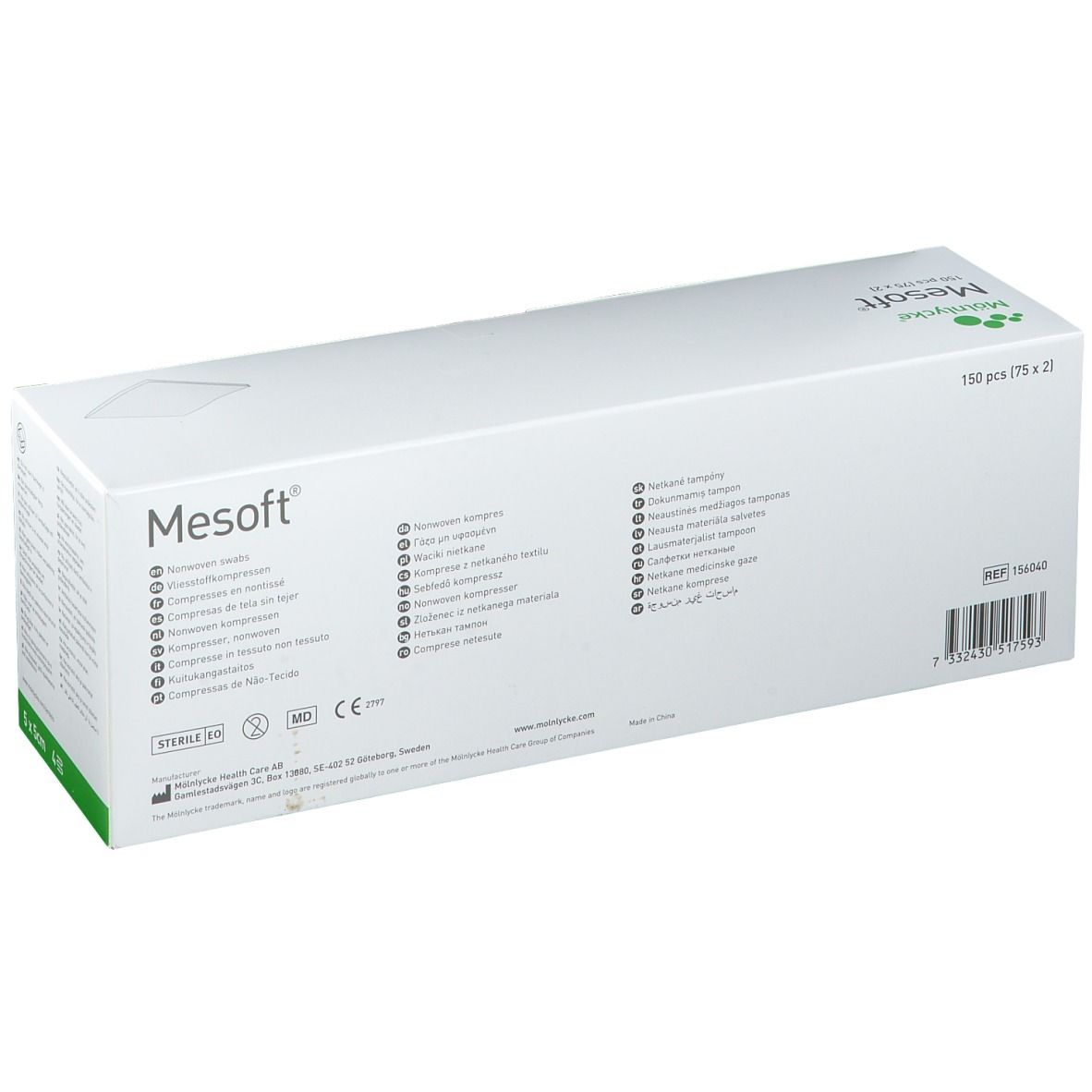 Mesoft®-Verpackung. 150 Stück. Mölnlycke. Sterile Kompressen in weißer Box mit grünen Akzenten. Rückseite mit Text.