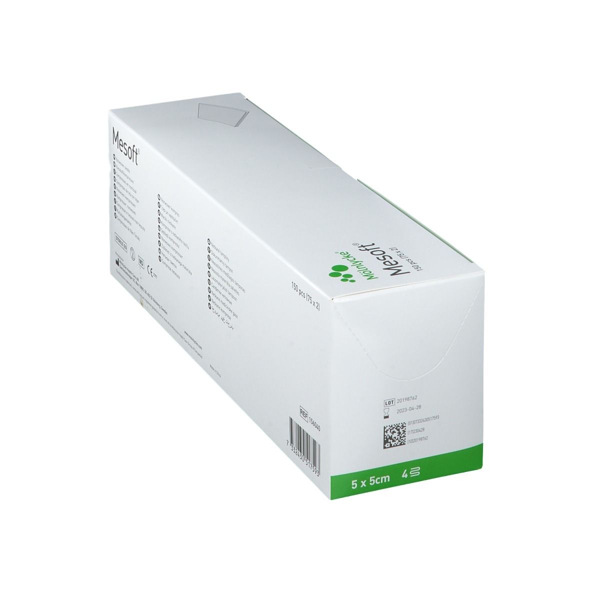 Mesoft®-Verpackung. 5x5cm, 4-lagig. Mölnlycke. Sterile Kompressen in weißer Box mit grünen Akzenten. Rückseite mit Text.