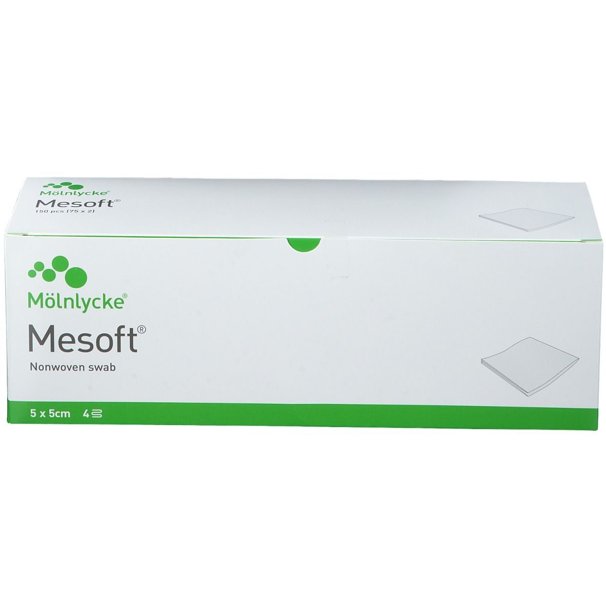 Mesoft®-Verpackung. 5x5cm, 4-lagig. Mölnlycke. Sterile Kompressen in weißer Box mit grünen Akzenten.