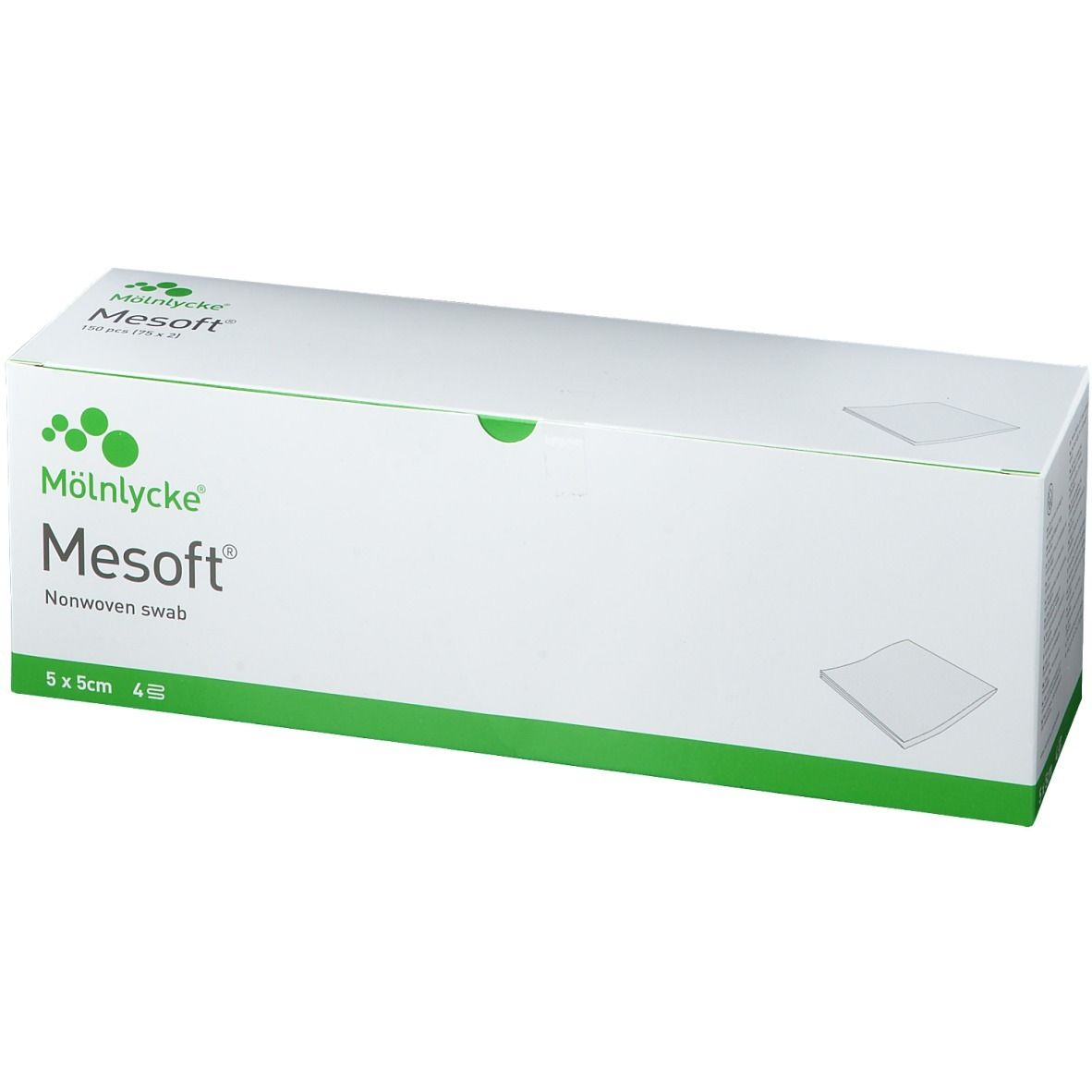 Mesoft®-Verpackung. 5x5cm, 4-lagig. Mölnlycke. Sterile Kompressen in weißer Box mit grünen Akzenten.