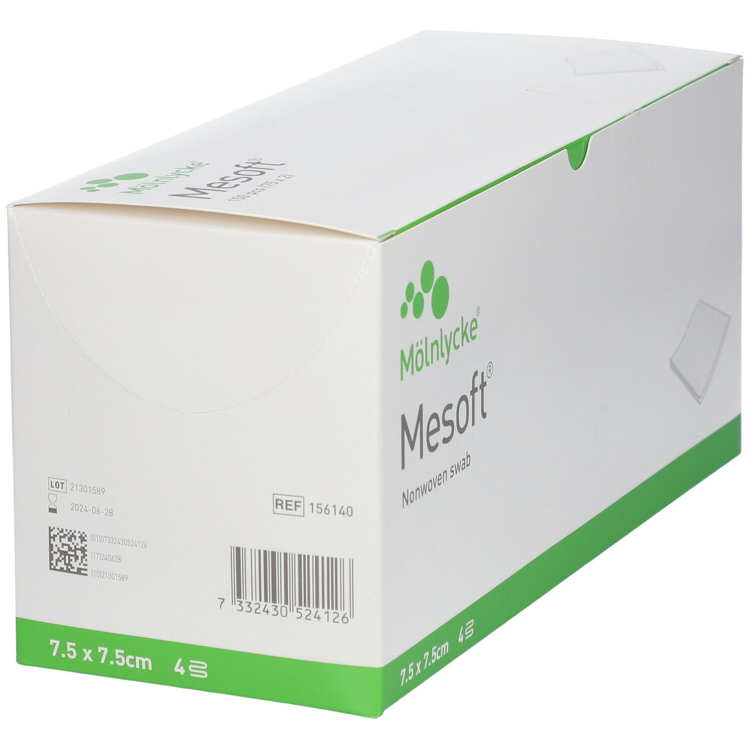 Witte verpakking met groene accenten. Opschrift: Mesoft, 7,5 x 7,5 cm, 4 stuks. Fabrikant: Mölnlycke. Barcode.