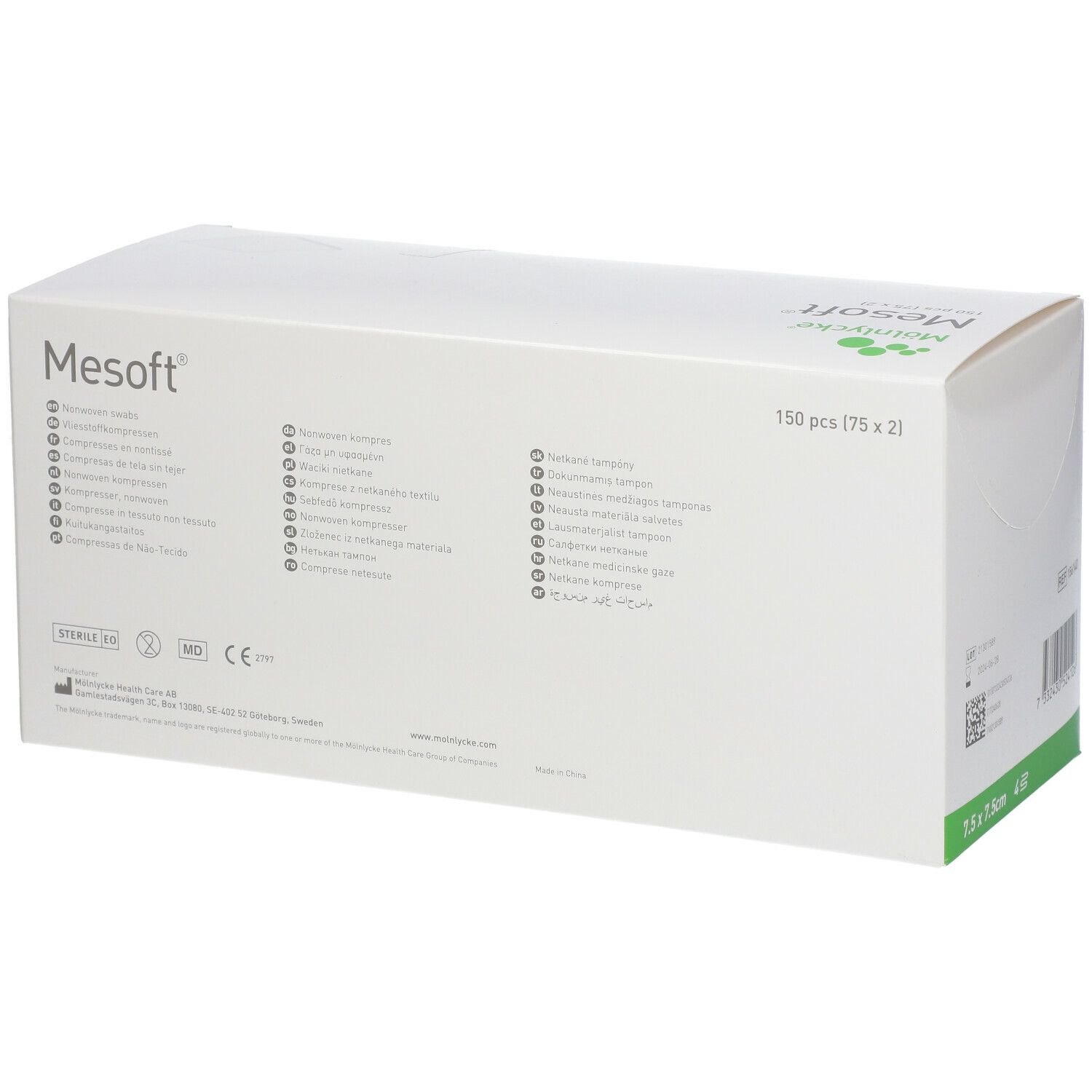 Witte verpakking met groene accenten. Opschrift: Mesoft. Meertalige tekst. 150 stuks (75 x 2).