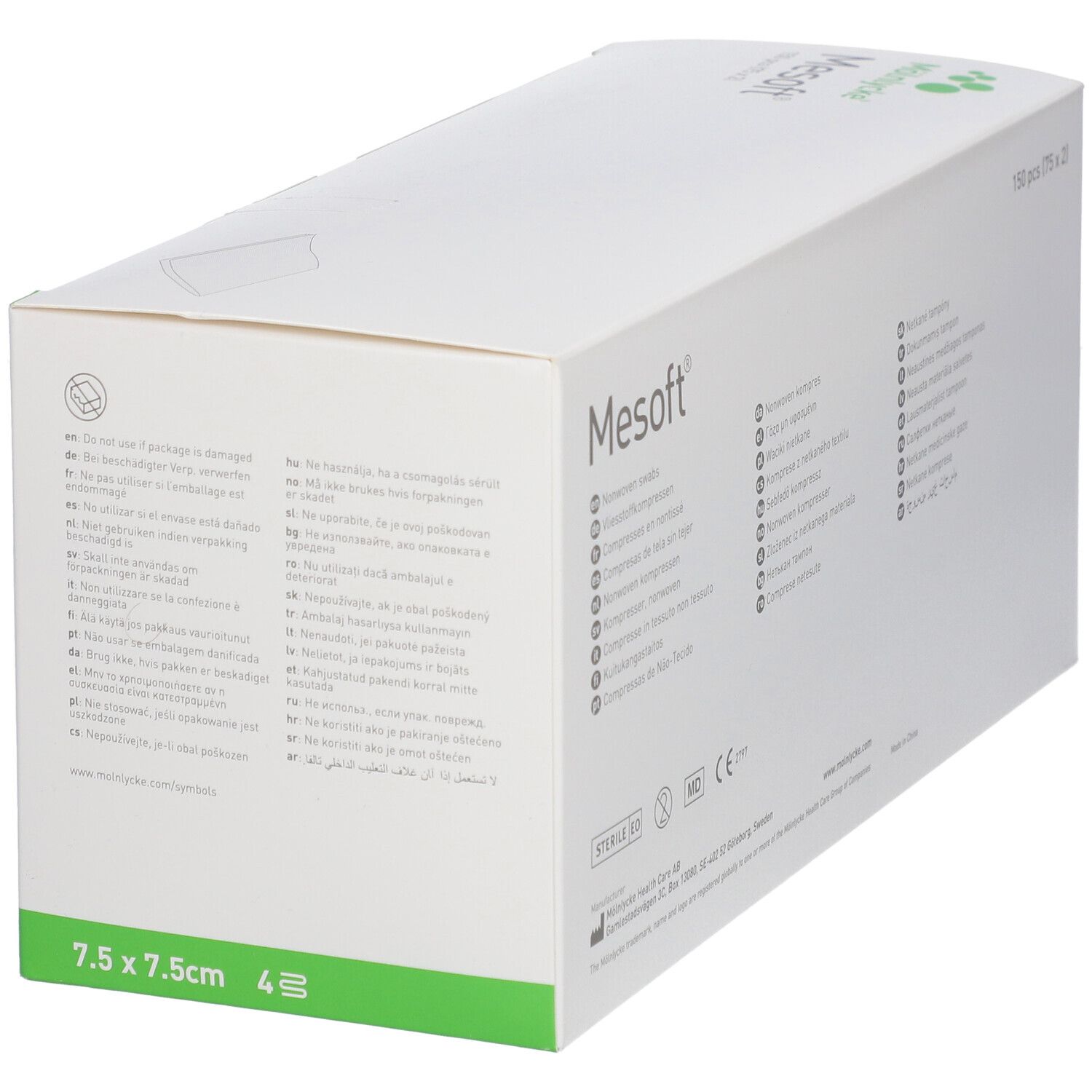 Witte verpakking met groene accenten. Opschrift: Mesoft, 7,5 x 7,5 cm, 4 stuks. Meertalige tekst.