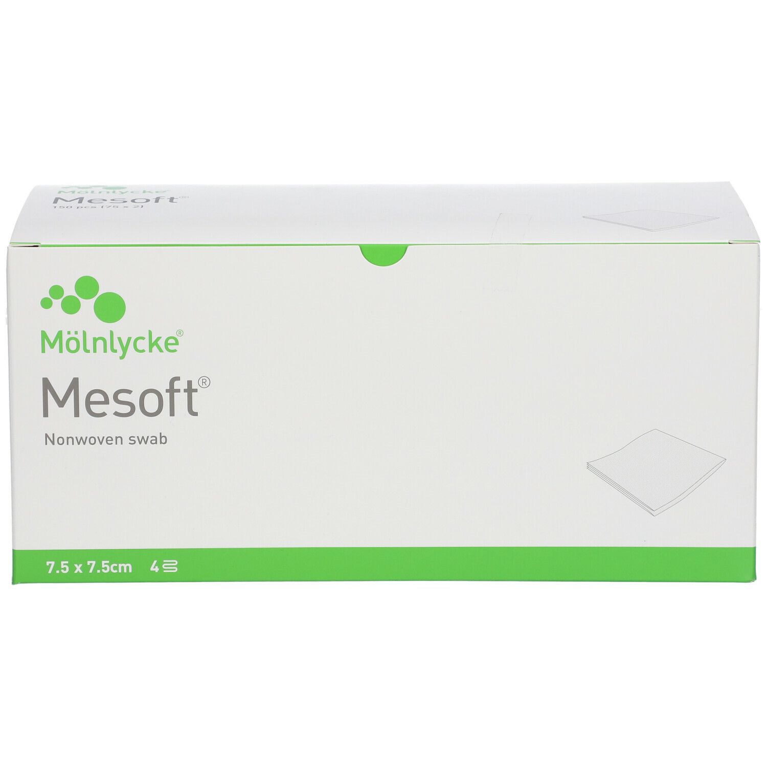Witte verpakking met groene accenten. Opschrift: Mesoft, 7,5 x 7,5 cm, 4 stuks. Fabrikant: Mölnlycke.