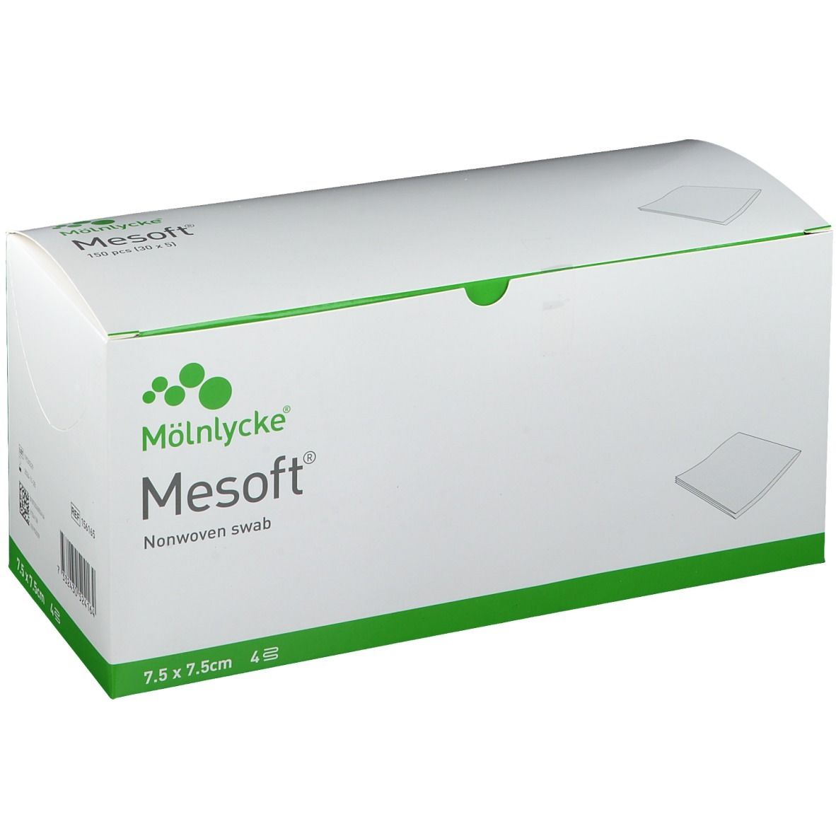 Mesoft Vliesstoff-Polster-Packung. Größe 7,5 x 7,5 cm. 4 Stück. Verpackung mit grünem Akzent.