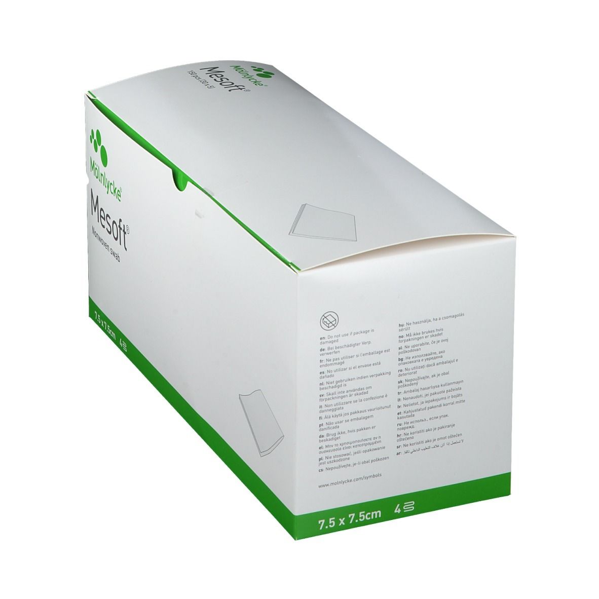 Mesoft-Verpackung, 7,5 x 7,5 cm, 4 Stück. Produktinformationen und Piktogramme auf der Seite.