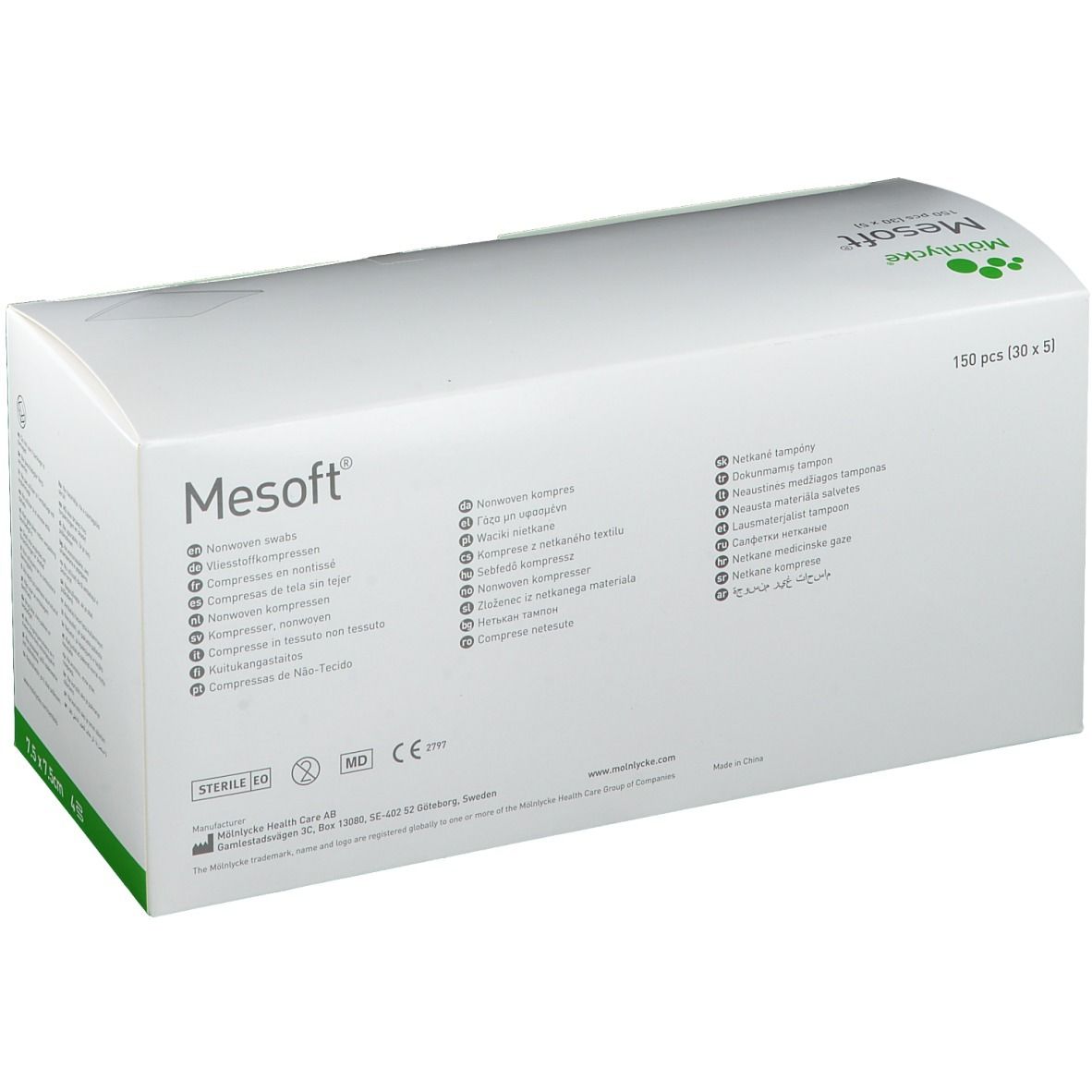 Mesoft-Verpackung, 150 Stück. Produktname, Größe und Herstellerinformationen auf der Verpackung.