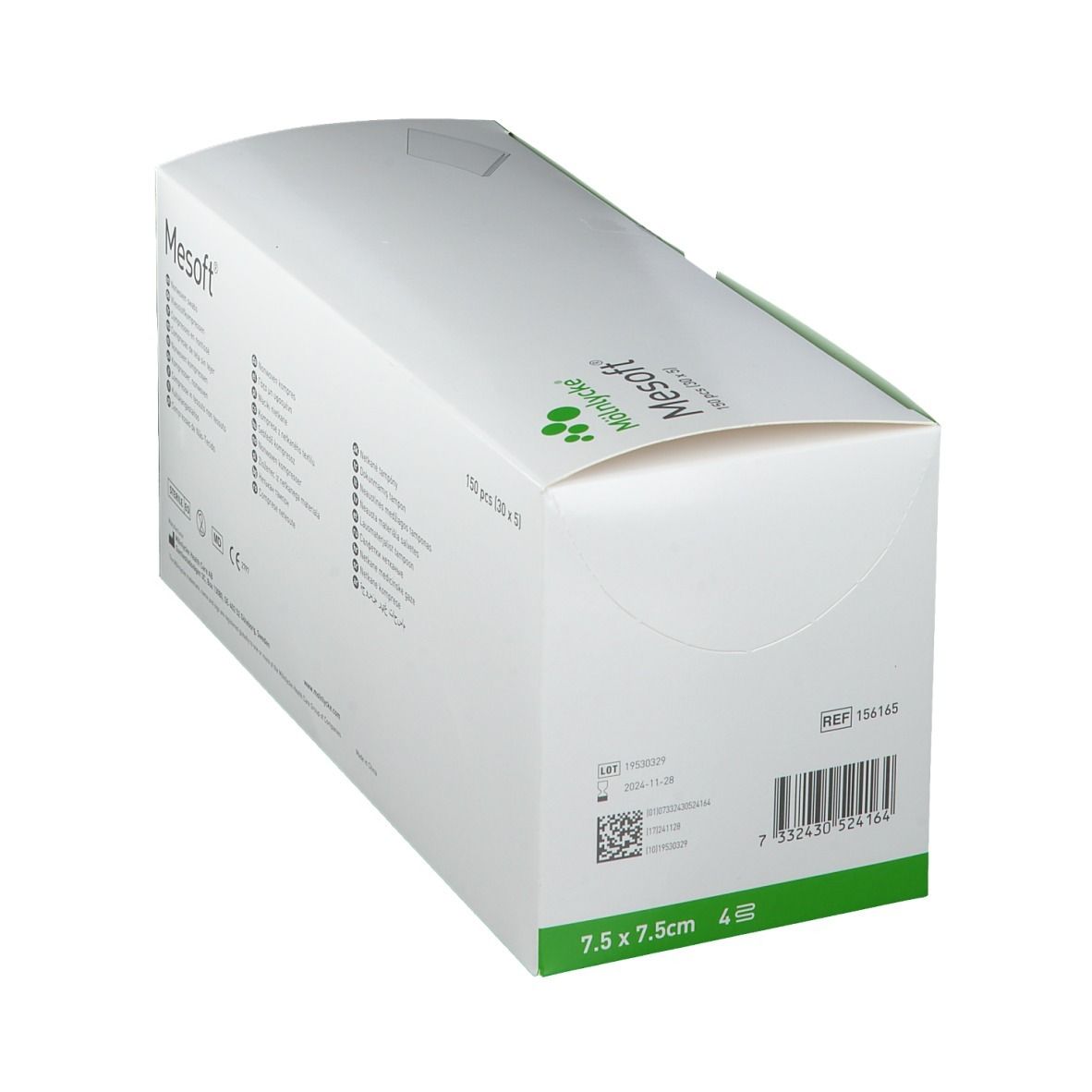 Mesoft-Verpackung, 7,5 x 7,5 cm, 4 Stück. Barcode, Chargennummer und Herstellerinformationen.