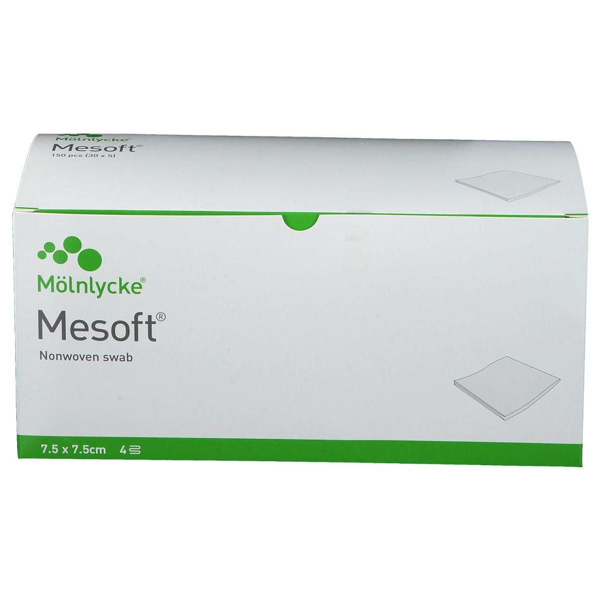Mesoft Vliesstoff-Polster-Packung. Größe 7,5 x 7,5 cm. 4 Stück. Verpackung mit grünem Akzent.