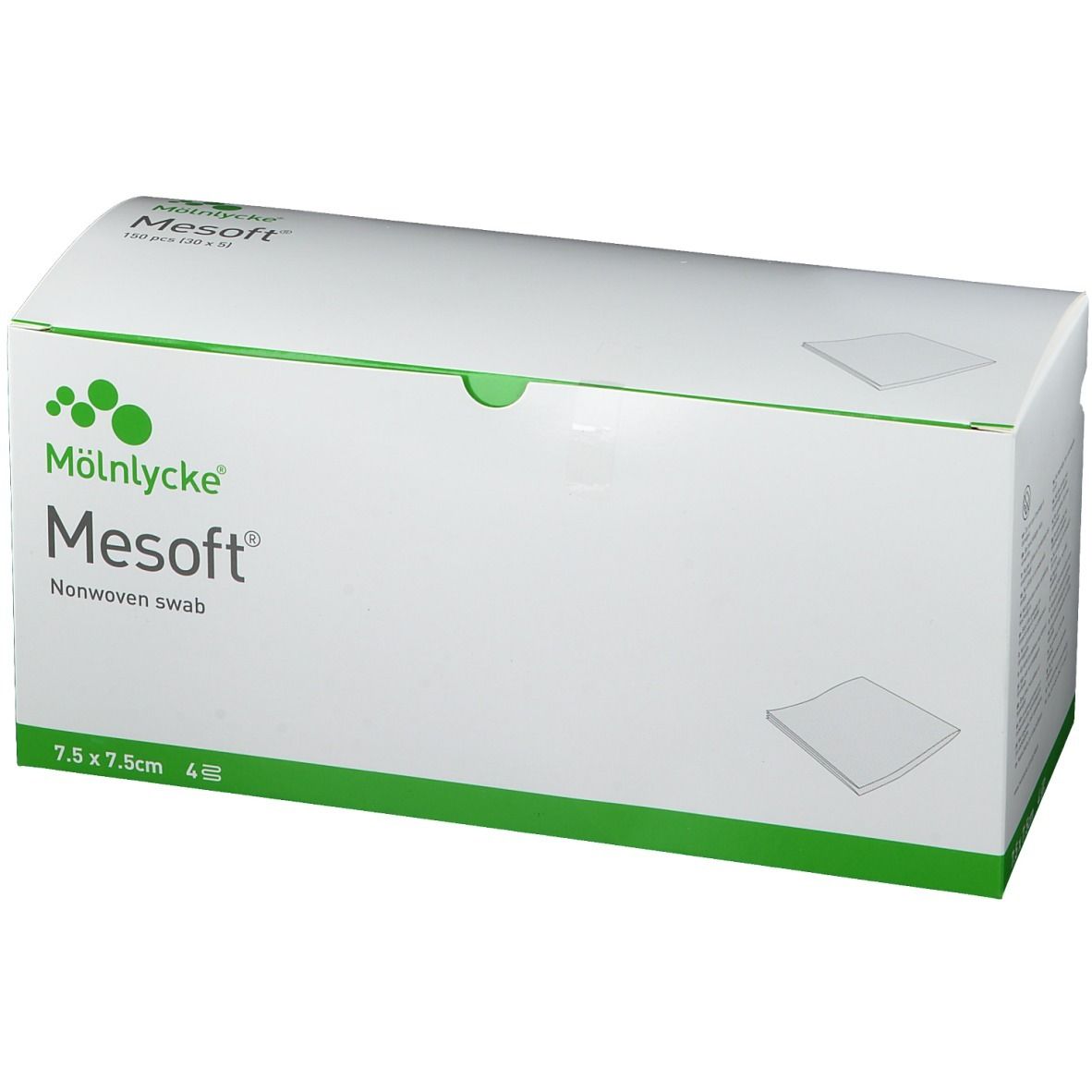 Mesoft Vliesstoff-Polster-Packung. Größe 7,5 x 7,5 cm. 4 Stück. Verpackung mit grünem Akzent.