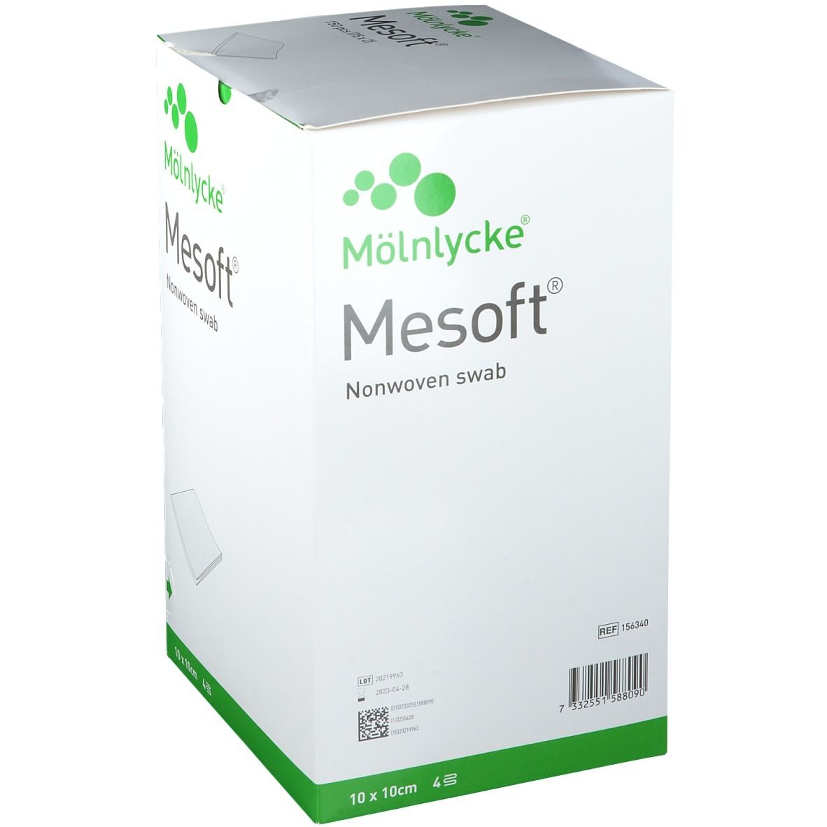 Emballage Mesoft. Boîte blanche avec logo et texte du produit. 10 x 10 cm, 4 pièces. Avec code-barres et numéro de référence.