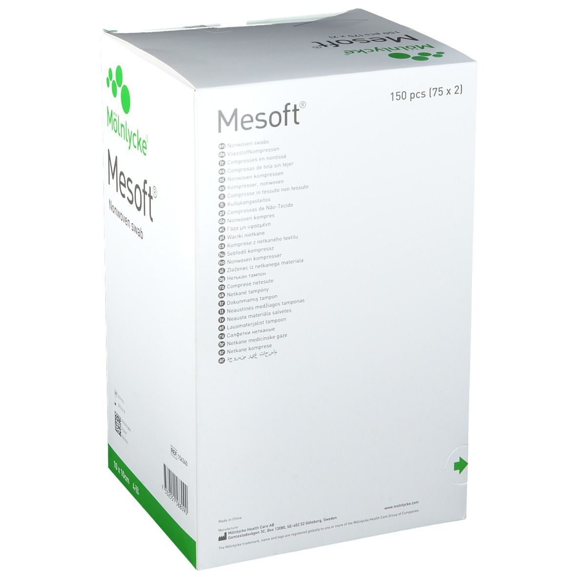 Emballage Mesoft. Boîte blanche avec logo et texte du produit. Contient 150 pièces (75 x 2). Texte au dos.