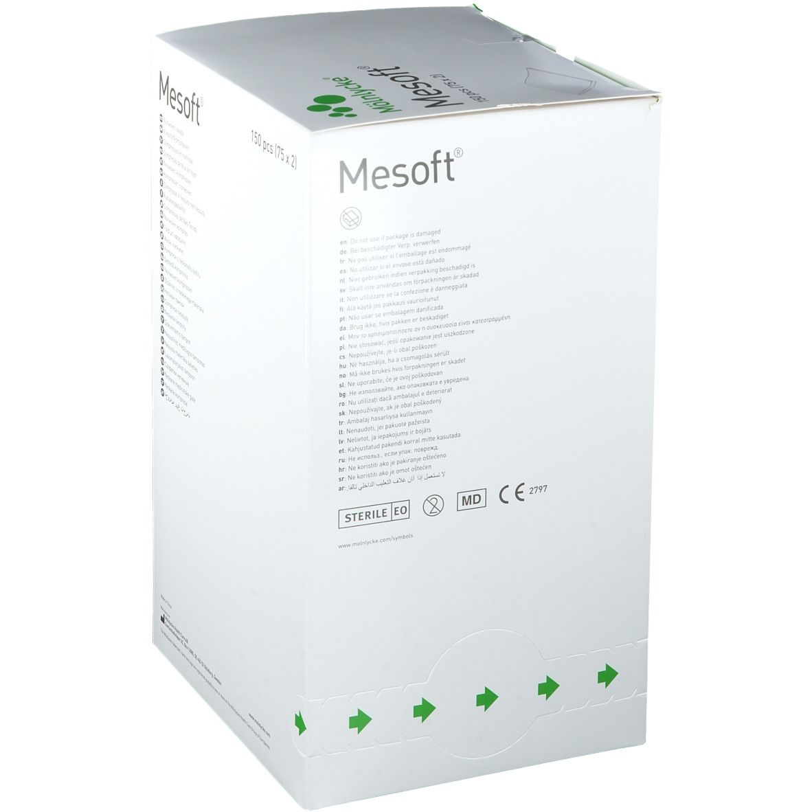 Emballage Mesoft. Boîte blanche avec logo et texte du produit. Contient 150 pièces (75 x 2). Avec marquage CE.